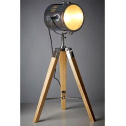 Industrial Silver Chrome Metal And Solid Wood Tripod Search Light Table Lamp 63cm