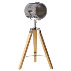 Industrial Silver Chrome Metal And Solid Wood Tripod Search Light Table Lamp 63cm