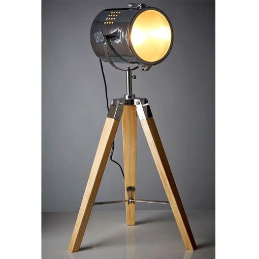 Industrial Silver Chrome Metal And Solid Wood Tripod Search Light Table Lamp 63cm