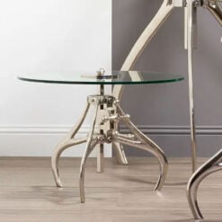 Industrial Silver Metal And Clear Glass Crank Mechanism Height Adjustable Round Coffee Table 60cm