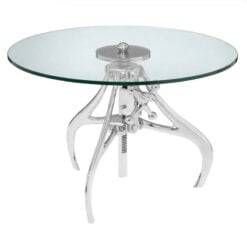Industrial Silver Metal And Clear Glass Crank Mechanism Height Adjustable Round Coffee Table 60cm