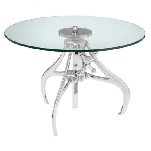 Industrial Silver Metal And Clear Glass Crank Mechanism Height Adjustable Round Coffee Table 60cm