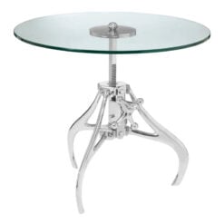 Industrial Silver Metal And Clear Glass Crank Mechanism Height Adjustable Round Coffee Table 60cm