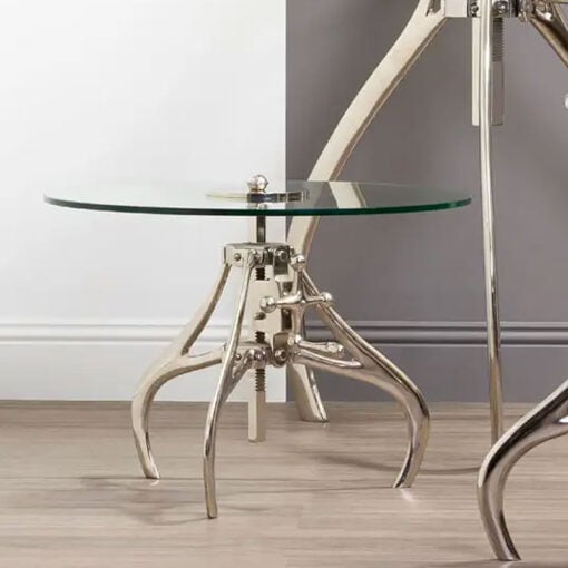 Industrial Silver Metal And Clear Glass Crank Mechanism Height Adjustable Round Coffee Table 60cm
