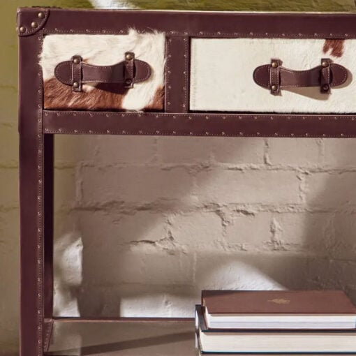 Industrial Stainless Steel And Genuine Cow Hide Leather 2 Tier 3 Drawer Console Table