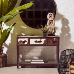 Industrial Stainless Steel And Genuine Cow Hide Leather 2 Tier 3 Drawer Console Table