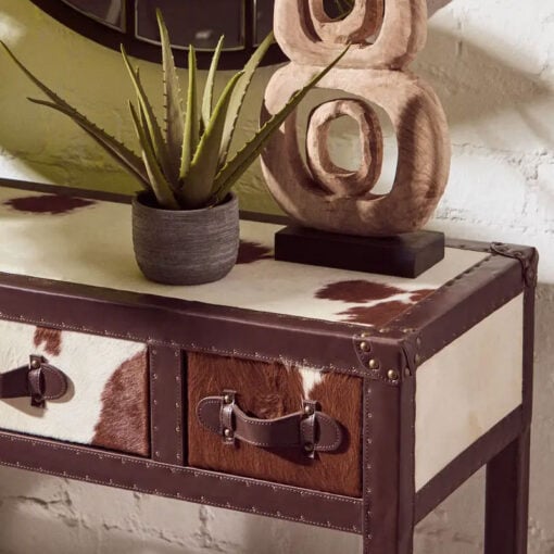 Industrial Stainless Steel And Genuine Cow Hide Leather 2 Tier 3 Drawer Console Table