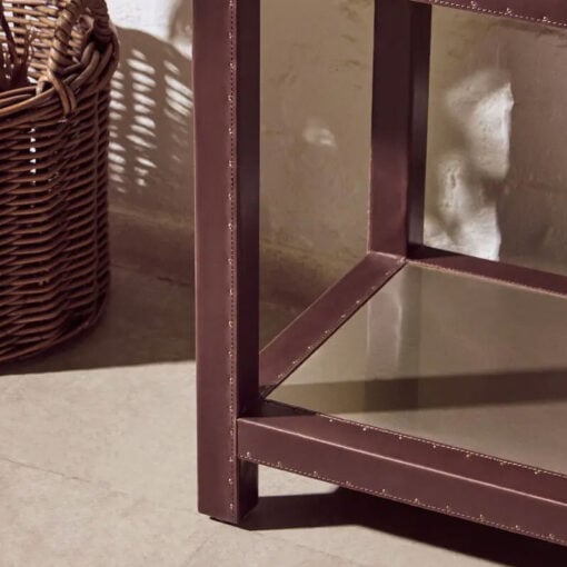 Industrial Stainless Steel And Genuine Cow Hide Leather 2 Tier 3 Drawer Console Table