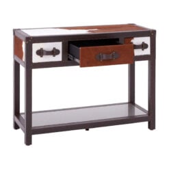 Industrial Stainless Steel And Genuine Cow Hide Leather 2 Tier 3 Drawer Console Table