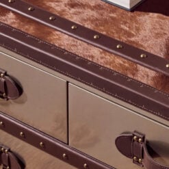 Industrial Stainless Steel And Genuine Cow Hide Leather 3 Drawer Trunk Style Coffee Table 97cm