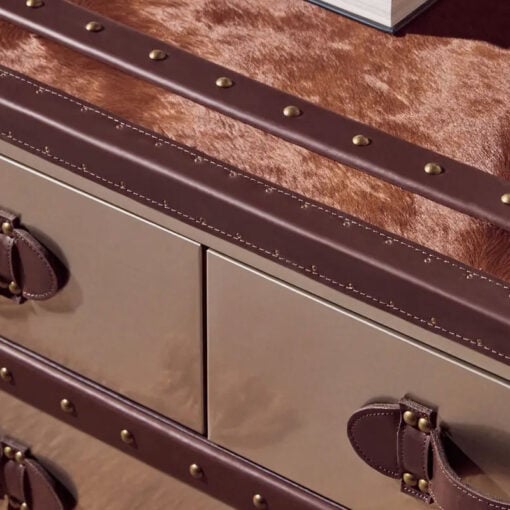 Industrial Stainless Steel And Genuine Cow Hide Leather 3 Drawer Trunk Style Coffee Table 97cm