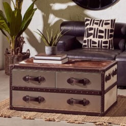 Industrial Stainless Steel And Genuine Cow Hide Leather 3 Drawer Trunk Style Coffee Table 97cm