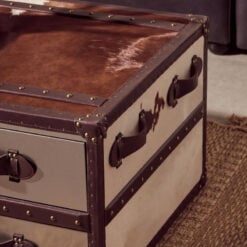 Industrial Stainless Steel And Genuine Cow Hide Leather 3 Drawer Trunk Style Coffee Table 97cm