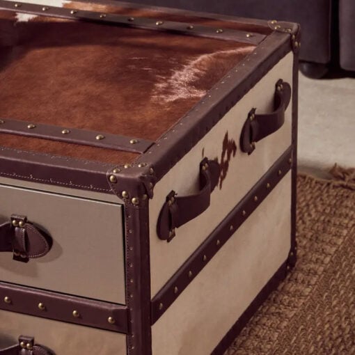 Industrial Stainless Steel And Genuine Cow Hide Leather 3 Drawer Trunk Style Coffee Table 97cm