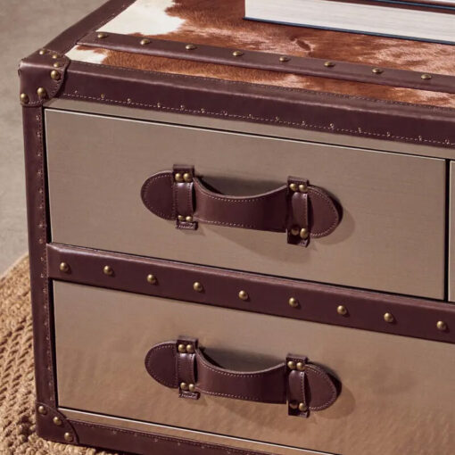 Industrial Stainless Steel And Genuine Cow Hide Leather 3 Drawer Trunk Style Coffee Table 97cm