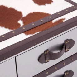Industrial Stainless Steel And Genuine Cow Hide Leather 3 Drawer Trunk Style Coffee Table 97cm