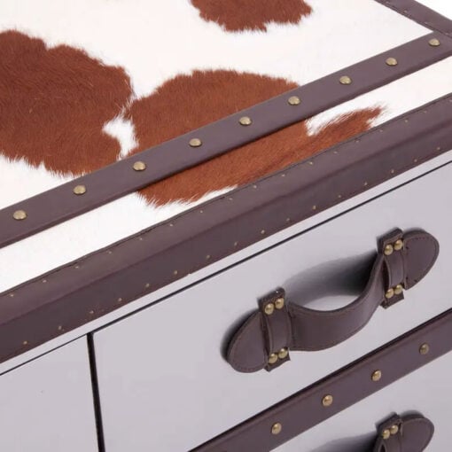 Industrial Stainless Steel And Genuine Cow Hide Leather 3 Drawer Trunk Style Coffee Table 97cm