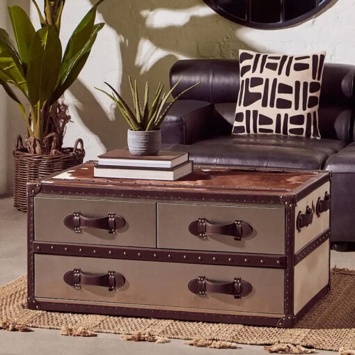Industrial Stainless Steel And Genuine Cow Hide Leather 3 Drawer Trunk Style Coffee Table 97cm