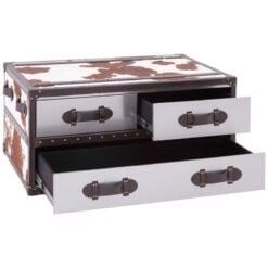 Industrial Stainless Steel And Genuine Cow Hide Leather 3 Drawer Trunk Style Coffee Table 97cm