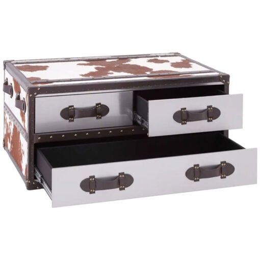 Industrial Stainless Steel And Genuine Cow Hide Leather 3 Drawer Trunk Style Coffee Table 97cm