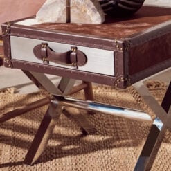 Industrial Stainless Steel Metal And Genuine Cow Hide Leather 1 Drawer Side Table Bedside Table