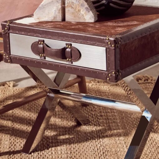 Industrial Stainless Steel Metal And Genuine Cow Hide Leather 1 Drawer Side Table Bedside Table