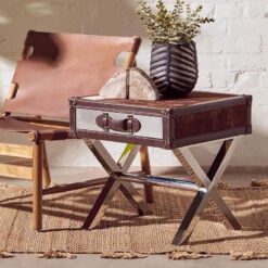 Industrial Stainless Steel Metal And Genuine Cow Hide Leather 1 Drawer Side Table Bedside Table