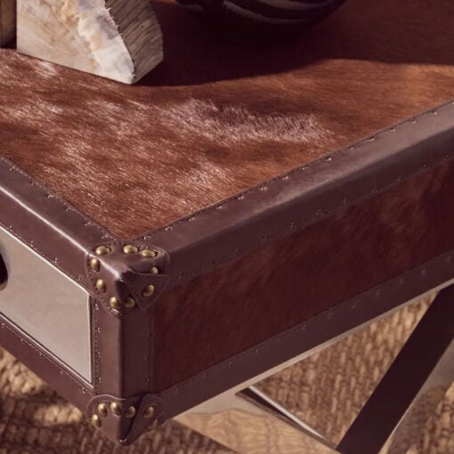 Industrial Stainless Steel Metal And Genuine Cow Hide Leather 1 Drawer Side Table Bedside Table