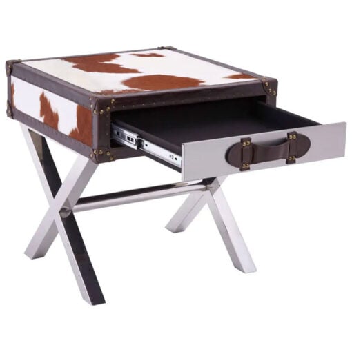 Industrial Stainless Steel Metal And Genuine Cow Hide Leather 1 Drawer Side Table Bedside Table