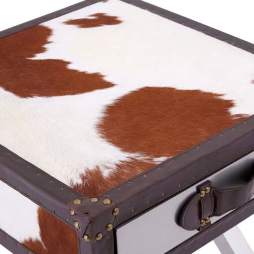 Industrial Stainless Steel Metal And Genuine Cow Hide Leather 1 Drawer Side Table Bedside Table