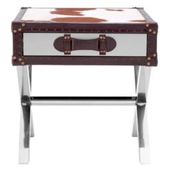 Industrial Stainless Steel Metal And Genuine Cow Hide Leather 1 Drawer Side Table Bedside Table