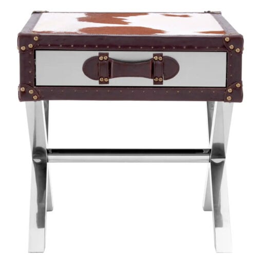 Industrial Stainless Steel Metal And Genuine Cow Hide Leather 1 Drawer Side Table Bedside Table