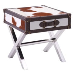 Industrial Stainless Steel Metal And Genuine Cow Hide Leather 1 Drawer Side Table Bedside Table