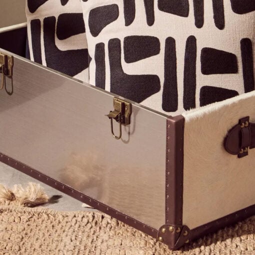 Industrial Stainless Steel Metal And Genuine Cow Hide Leather Storage Trunk 61cm
