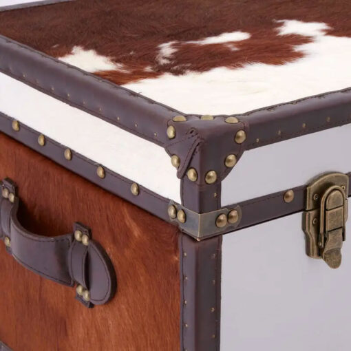 Industrial Stainless Steel Metal And Genuine Cow Hide Leather Storage Trunk 61cm