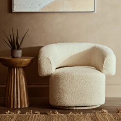 Ivory Cream White Boucle Swivel Revolving Tub Curved Armchair Accent Chair