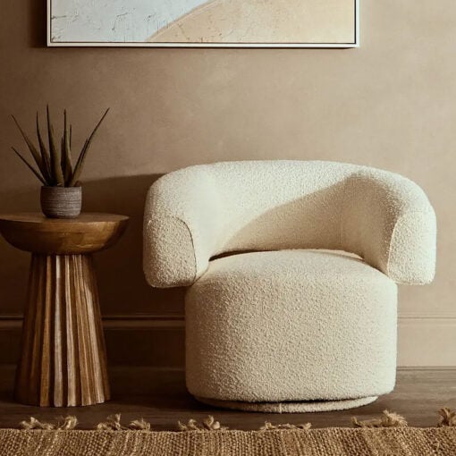 Ivory Cream White Boucle Swivel Revolving Tub Curved Armchair Accent Chair