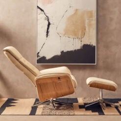Ivory White Faux Leather And Chrome Metal Recliner Armchair And Footstool