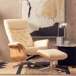 Ivory White Faux Leather And Chrome Metal Recliner Armchair And Footstool