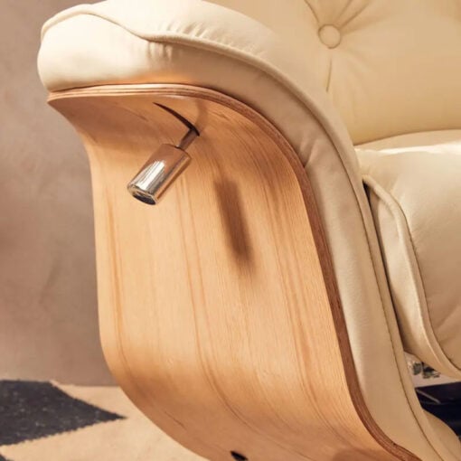 Ivory White Faux Leather And Chrome Metal Recliner Armchair And Footstool