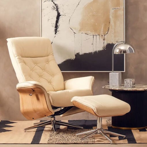 Ivory White Faux Leather And Chrome Metal Recliner Armchair And Footstool