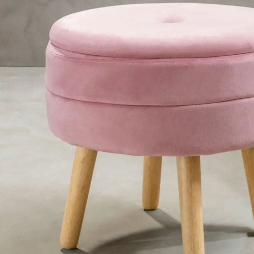 Pink Velvet And Solid Natural Wood Storage Vanity Stool Footstool