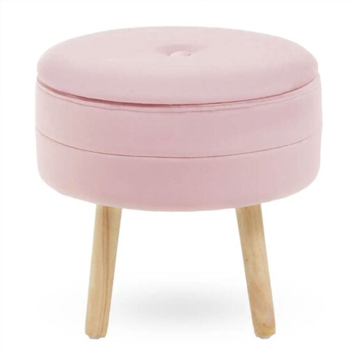Pink Velvet And Solid Natural Wood Storage Vanity Stool Footstool