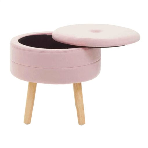 Pink Velvet And Solid Natural Wood Storage Vanity Stool Footstool