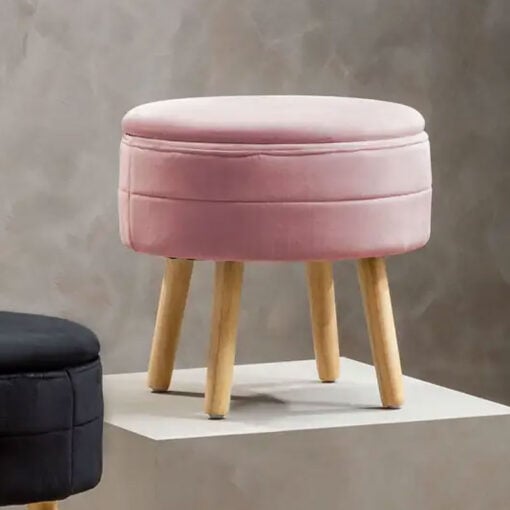 Pink Velvet And Solid Natural Wood Storage Vanity Stool Footstool