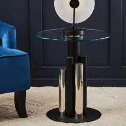Silver Chrome And Black Metal Side Table With A Glass Top