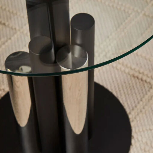 Silver Chrome And Black Metal Side Table With A Glass Top