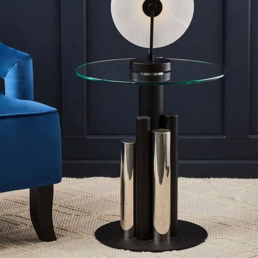 Silver Chrome And Black Metal Side Table With A Glass Top