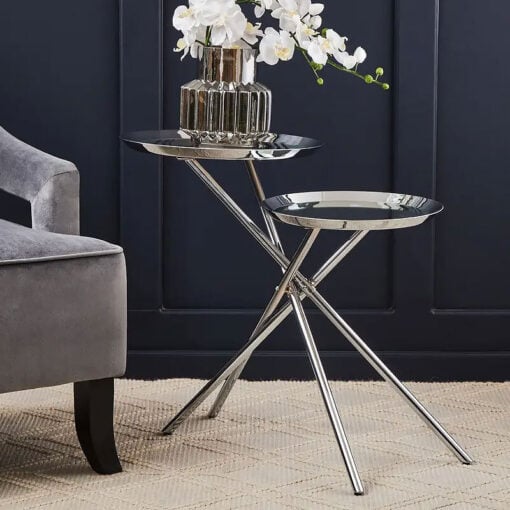 Silver Chrome Metal 2 Tier Abstract Staggered Side Table With Mirrored Tops