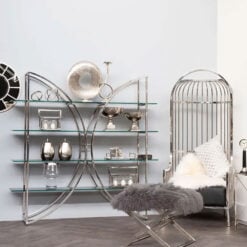 Silver Chrome Metal And Black Glass Large 4 Tier Open Curved Shelving Unit Bookcase